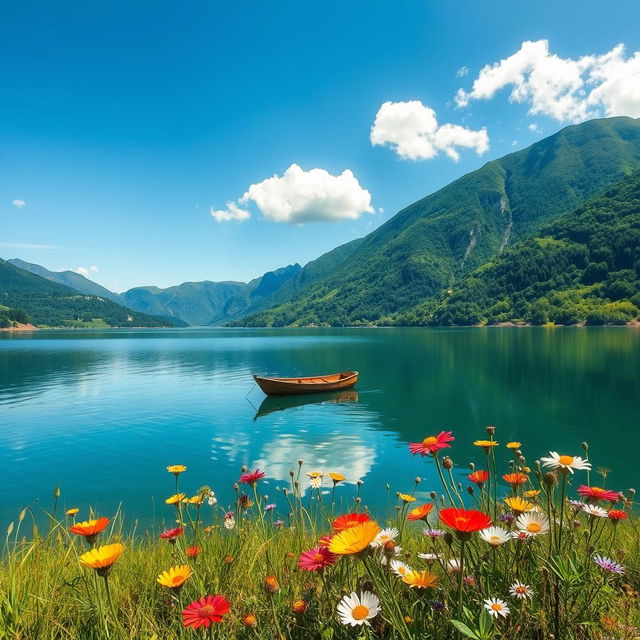 A serene landscape scene featuring a peaceful lake surrounded by lush green mountains under a clear, blue sky