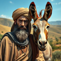 A hyper-realistic portrayal of a cleric in traditional attire, featuring intricate details in the clothing and accessories, alongside a majestic donkey