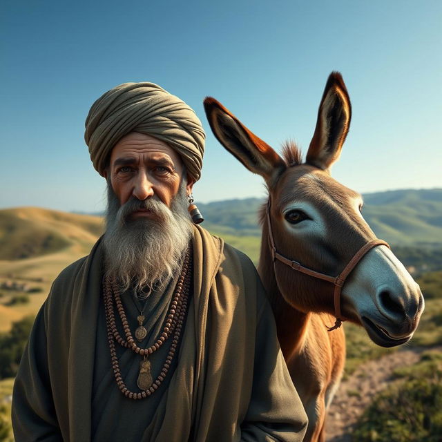 A hyper-realistic portrayal of a cleric in traditional attire, featuring intricate details in the clothing and accessories, alongside a majestic donkey