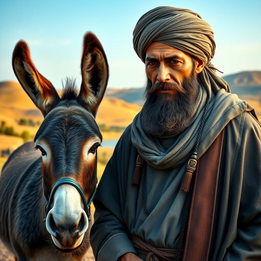 A hyper-realistic portrayal of a cleric in traditional attire, featuring intricate details in the clothing and accessories, alongside a majestic donkey