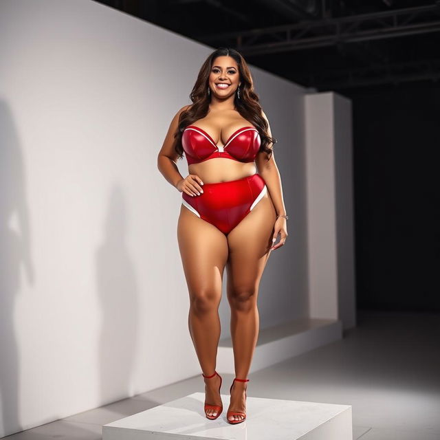 A smiling plus-size woman with big breasts and generous cleavage, wearing a striking red and white latex bra and panty set