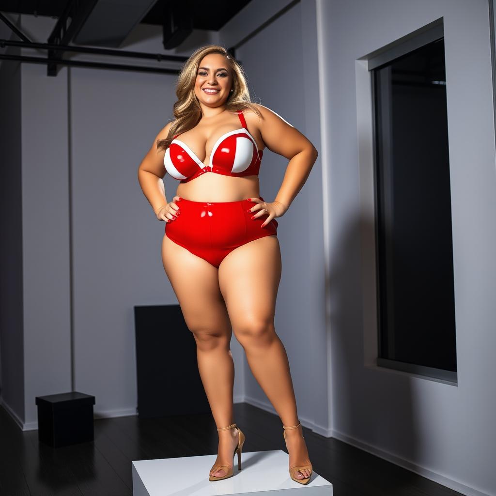 A smiling plus-size woman with big breasts and generous cleavage, wearing a striking red and white latex bra and panty set