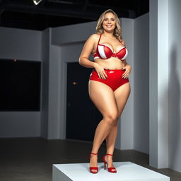 A smiling plus-size woman with big breasts and generous cleavage, wearing a striking red and white latex bra and panty set
