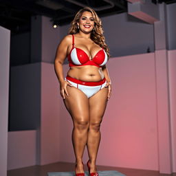 A smiling plus-size woman with big breasts and generous cleavage, wearing a striking red and white latex bra and panty set
