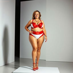 A smiling plus-size woman in her 50s with big breasts and prominent cleavage, gracefully standing on a platform while wearing eye-catching red and white latex bra and panty set