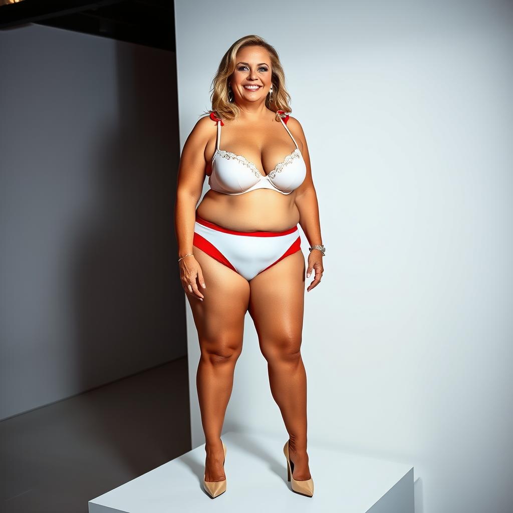 A smiling plus-size woman in her 50s with big breasts and prominent cleavage, gracefully standing on a platform while wearing eye-catching red and white latex bra and panty set