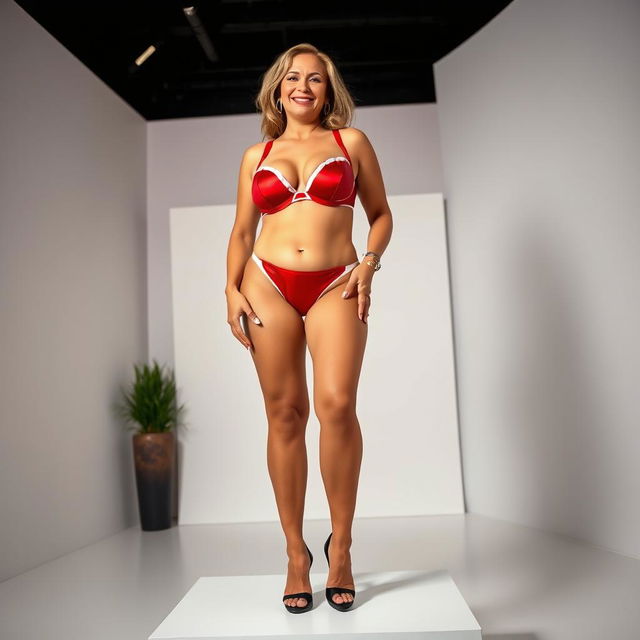 A smiling plus-size woman in her 50s with big breasts and prominent cleavage, gracefully standing on a platform while wearing eye-catching red and white latex bra and panty set