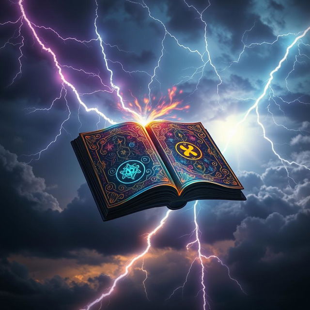 A magical book floating in the sky while lightning strikes around it, the pages of the book glowing with enchanting symbols and bright colors