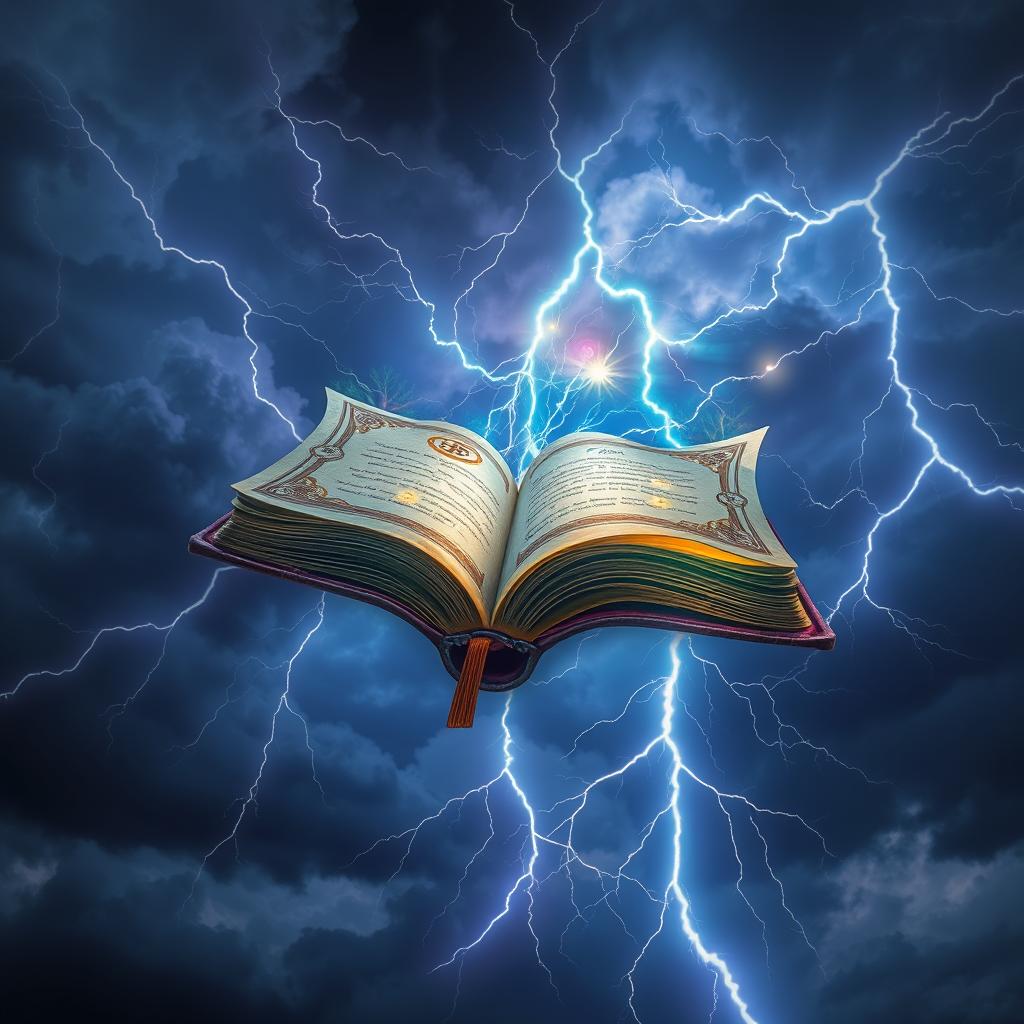 A magical book floating in the sky while lightning strikes around it, the pages of the book glowing with enchanting symbols and bright colors