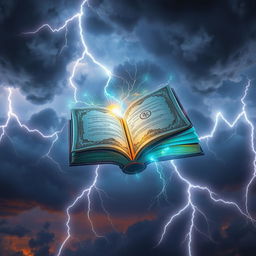 A magical book floating in the sky while lightning strikes around it, the pages of the book glowing with enchanting symbols and bright colors