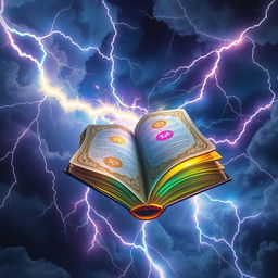 A magical book floating in the sky while lightning strikes around it, the pages of the book glowing with enchanting symbols and bright colors
