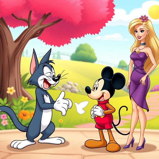 A delightful scene of an animated conversation among four iconic characters: Tom the cat, Mickey Mouse, Scooby-Doo, and Barbie