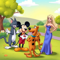 A delightful scene of an animated conversation among four iconic characters: Tom the cat, Mickey Mouse, Scooby-Doo, and Barbie