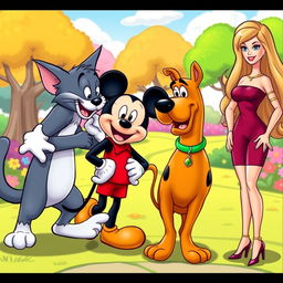 A delightful scene of an animated conversation among four iconic characters: Tom the cat, Mickey Mouse, Scooby-Doo, and Barbie