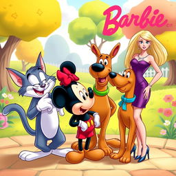 A delightful scene of an animated conversation among four iconic characters: Tom the cat, Mickey Mouse, Scooby-Doo, and Barbie