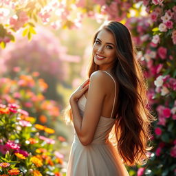 A beautiful woman with long flowing hair, standing in an elegant pose in a lush garden filled with blooming flowers