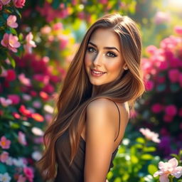 A beautiful woman with long flowing hair, standing in an elegant pose in a lush garden filled with blooming flowers