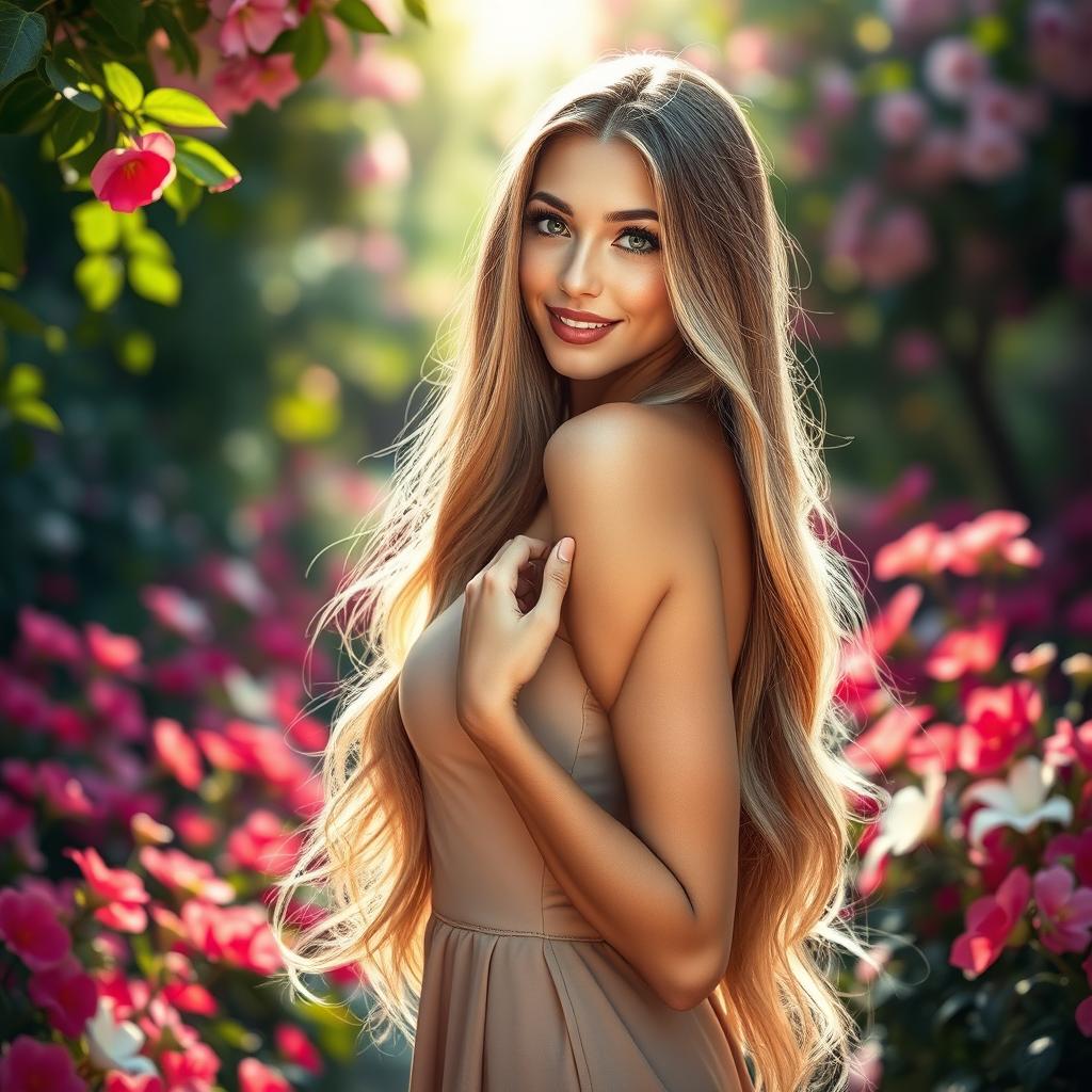 A beautiful woman with long flowing hair, standing in an elegant pose in a lush garden filled with blooming flowers