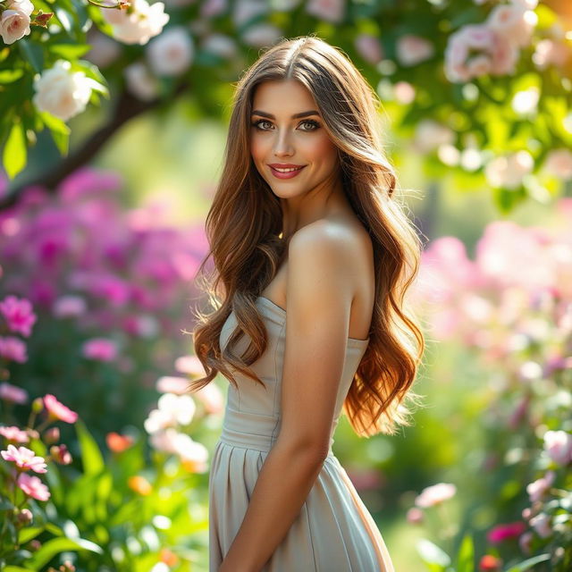 A beautiful woman with long flowing hair, standing in an elegant pose in a lush garden filled with blooming flowers