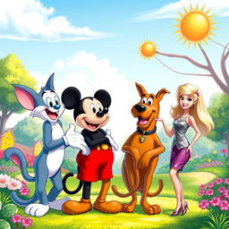 A vibrant and playful scene depicting four iconic characters in a friendly conversation