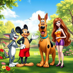 A vibrant and playful scene depicting four iconic characters in a friendly conversation