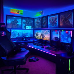 A cozy bedroom fully equipped with gaming gadgets, featuring a comfortable gaming chair, modern computer setup with multiple monitors, game-themed posters on the wall, and LED illumination