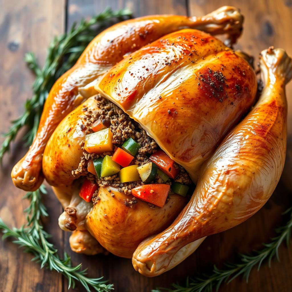 A perfectly roasted whole chicken, golden brown and glistening, stuffed with a flavorful mixture of peppered freekeh and a variety of colorful vegetables
