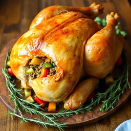 A perfectly roasted whole chicken, golden brown and glistening, stuffed with a flavorful mixture of peppered freekeh and a variety of colorful vegetables
