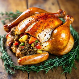 A perfectly roasted whole chicken, golden brown and glistening, stuffed with a flavorful mixture of peppered freekeh and a variety of colorful vegetables