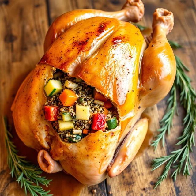 A perfectly roasted whole chicken, golden brown and glistening, stuffed with a flavorful mixture of peppered freekeh and a variety of colorful vegetables