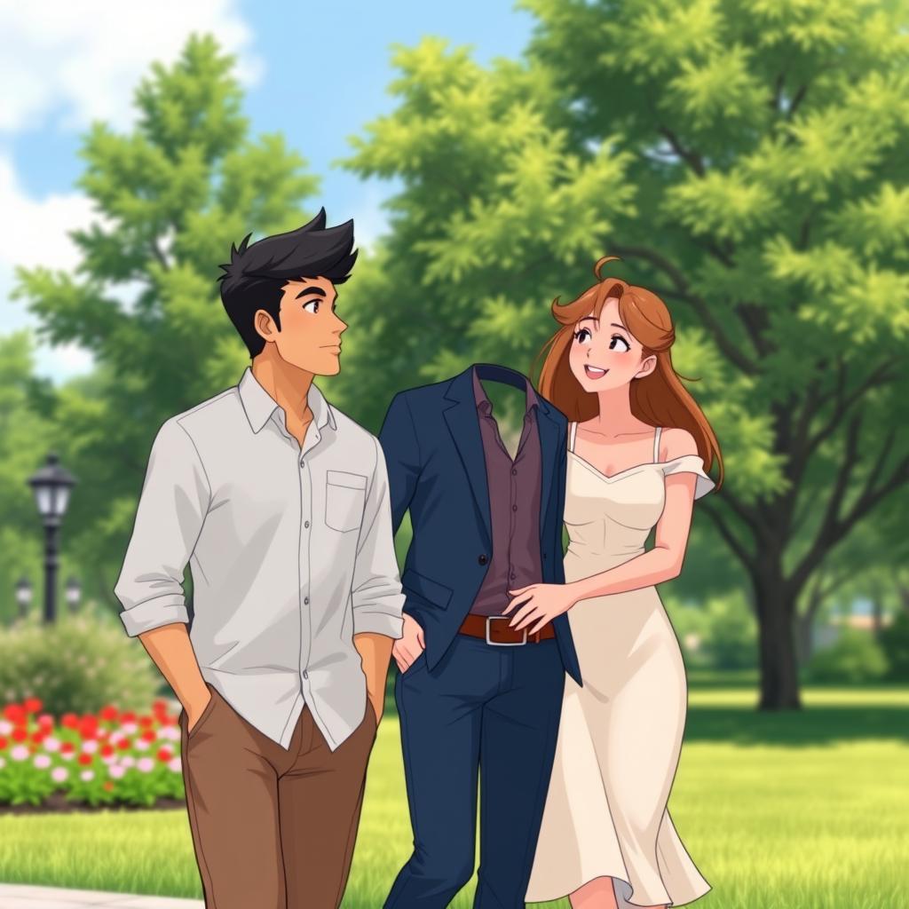 A serene park scene featuring two characters, Amir and Sara, walking side by side on a sunny day