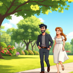 A serene park scene featuring two characters, Amir and Sara, walking side by side on a sunny day