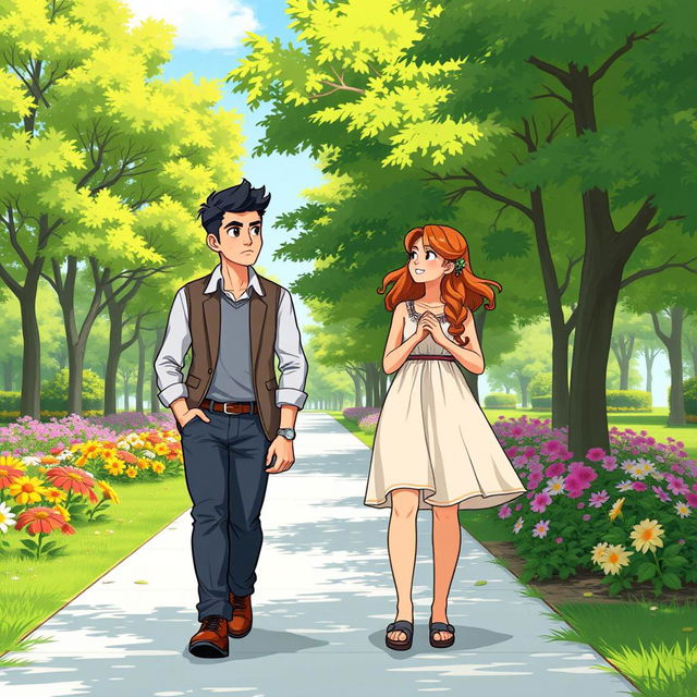 A serene park scene featuring two characters, Amir and Sara, walking side by side on a sunny day