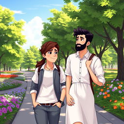 A serene park scene featuring two characters, Amir and Sara, walking side by side on a sunny day