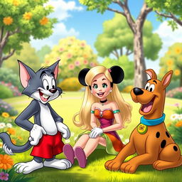 An engaging scene depicting Tom the cat, Mickey Mouse, Barbie, and Scooby-Doo having a lively conversation