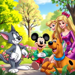 An engaging scene depicting Tom the cat, Mickey Mouse, Barbie, and Scooby-Doo having a lively conversation