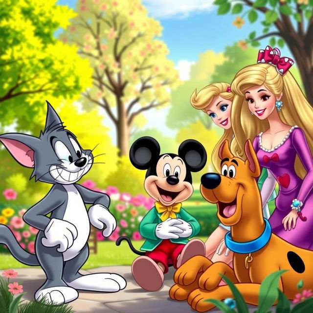 An engaging scene depicting Tom the cat, Mickey Mouse, Barbie, and Scooby-Doo having a lively conversation