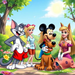 An engaging scene depicting Tom the cat, Mickey Mouse, Barbie, and Scooby-Doo having a lively conversation