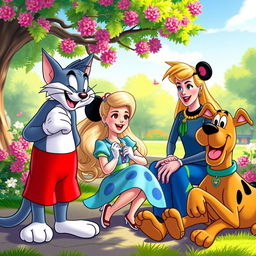 An engaging scene depicting Tom the cat, Mickey Mouse, Barbie, and Scooby-Doo having a lively conversation