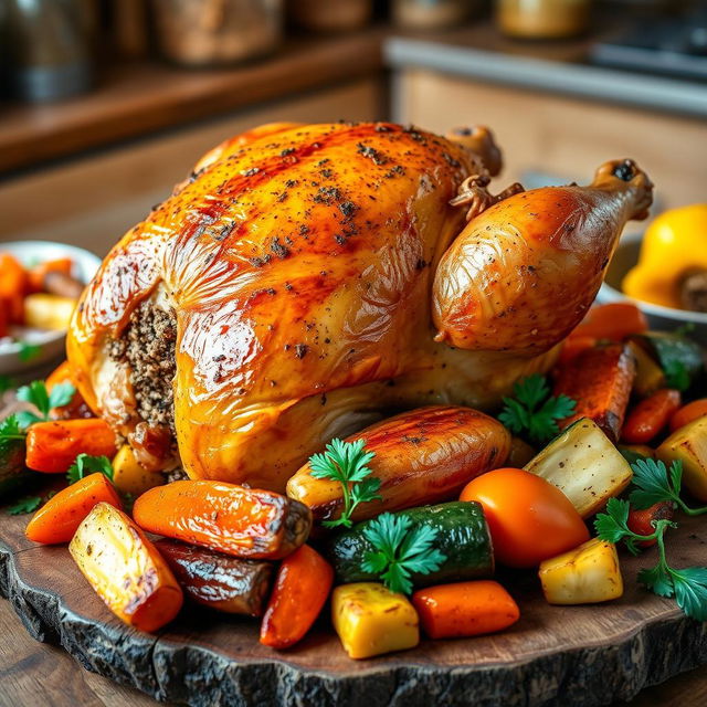 A beautifully roasted whole chicken on a rustic wooden table, stuffed with peppered freekeh, surrounded by a colorful array of roasted vegetables including carrots, zucchini, and bell peppers