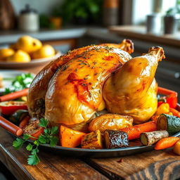 A beautifully roasted whole chicken on a rustic wooden table, stuffed with peppered freekeh, surrounded by a colorful array of roasted vegetables including carrots, zucchini, and bell peppers