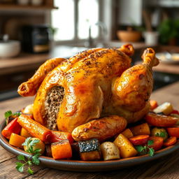 A beautifully roasted whole chicken on a rustic wooden table, stuffed with peppered freekeh, surrounded by a colorful array of roasted vegetables including carrots, zucchini, and bell peppers