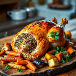 A beautifully roasted whole chicken on a rustic wooden table, stuffed with peppered freekeh, surrounded by a colorful array of roasted vegetables including carrots, zucchini, and bell peppers
