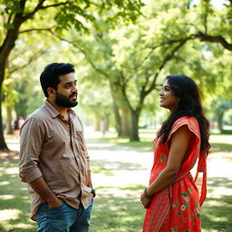 A thoughtful scene in a serene park setting, featuring two adults, Amir and Sara, in conversation