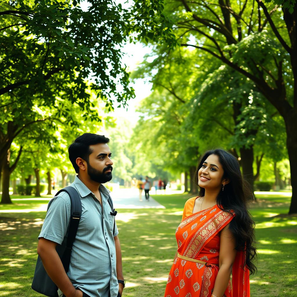 A thoughtful scene in a serene park setting, featuring two adults, Amir and Sara, in conversation