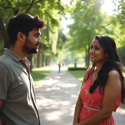 A thoughtful scene in a serene park setting, featuring two adults, Amir and Sara, in conversation