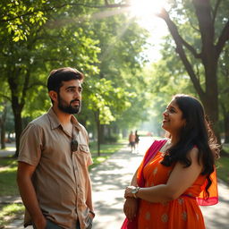 A thoughtful scene in a serene park setting, featuring two adults, Amir and Sara, in conversation