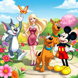 A whimsical scene featuring cartoon characters Tom from Tom and Jerry, Barbie in a stylish outfit, Scooby-Doo with his signature collar, and Mickey Mouse with his iconic red shorts and yellow shoes