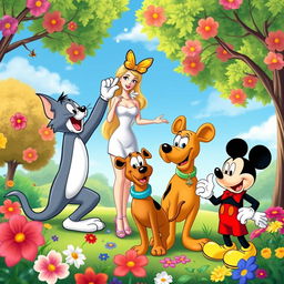 A whimsical scene featuring cartoon characters Tom from Tom and Jerry, Barbie in a stylish outfit, Scooby-Doo with his signature collar, and Mickey Mouse with his iconic red shorts and yellow shoes