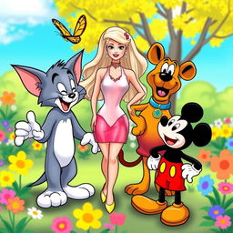 A whimsical scene featuring cartoon characters Tom from Tom and Jerry, Barbie in a stylish outfit, Scooby-Doo with his signature collar, and Mickey Mouse with his iconic red shorts and yellow shoes